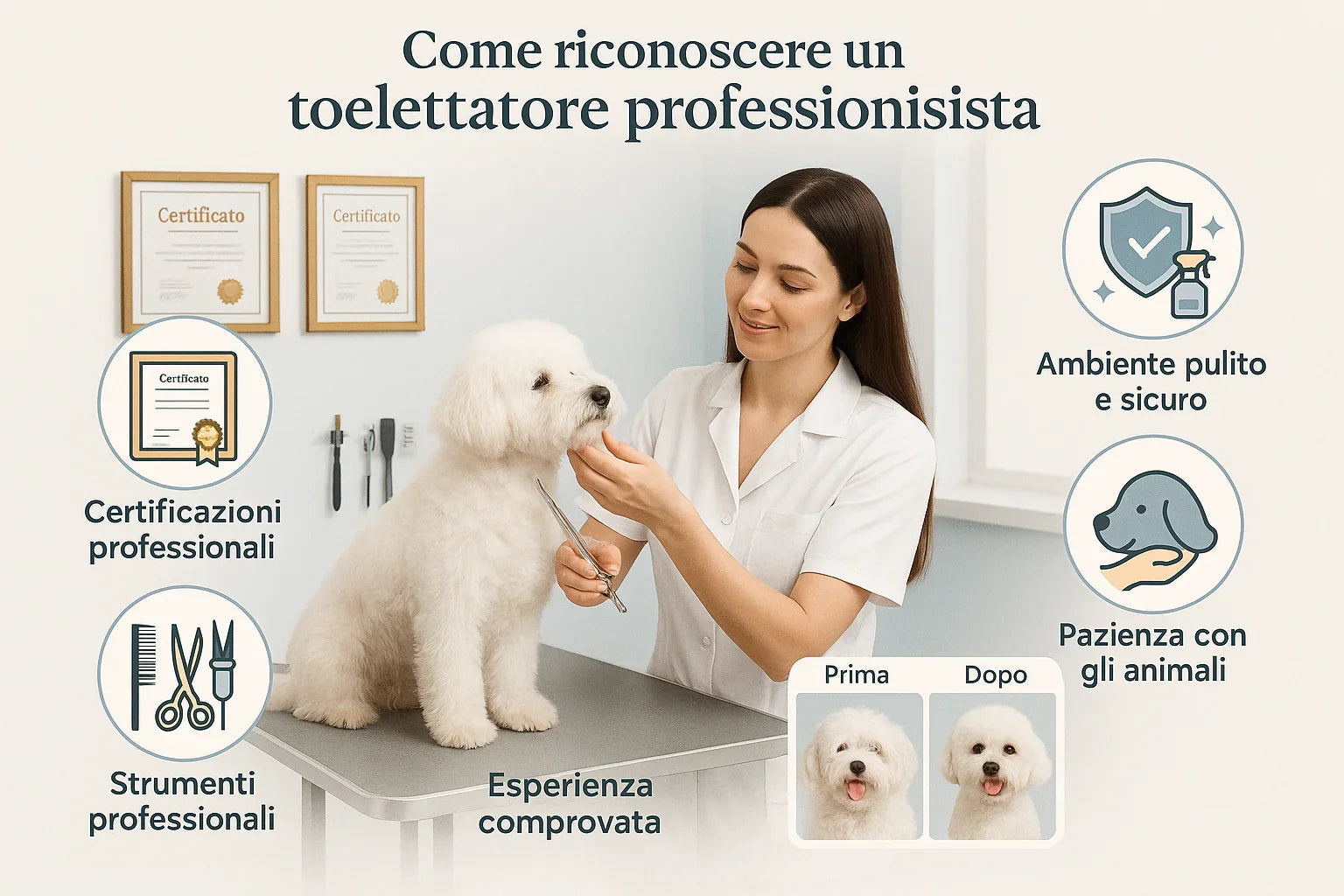 Professional dog groomer trimming white fluffy dog on grooming table with certifications and grooming icons