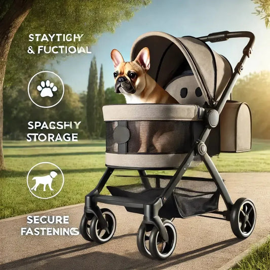 Small dog sitting in a beige pet stroller on a sidewalk in a sunny park