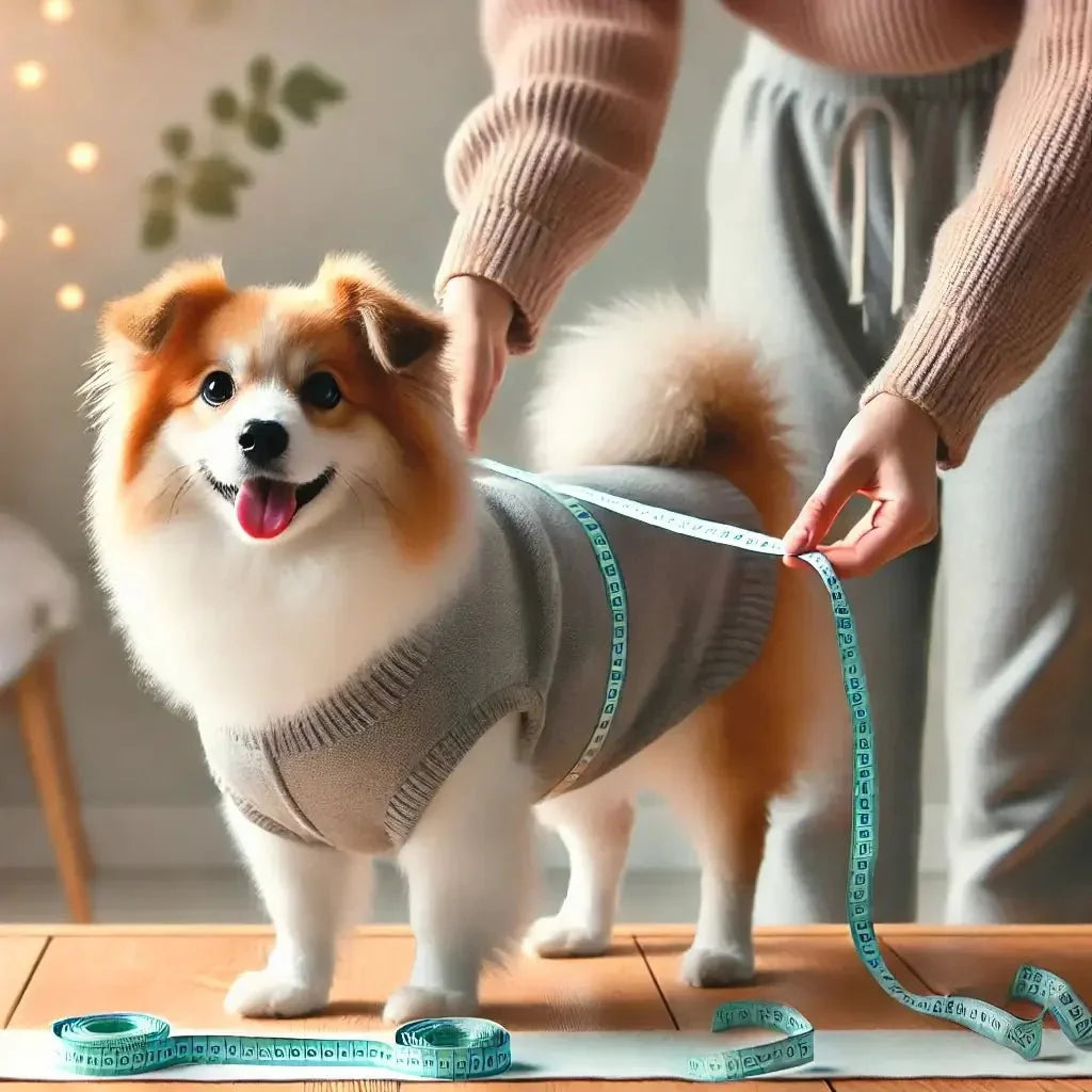 Fluffy dog wearing sweater being measured with tape for perfect coat size indoors