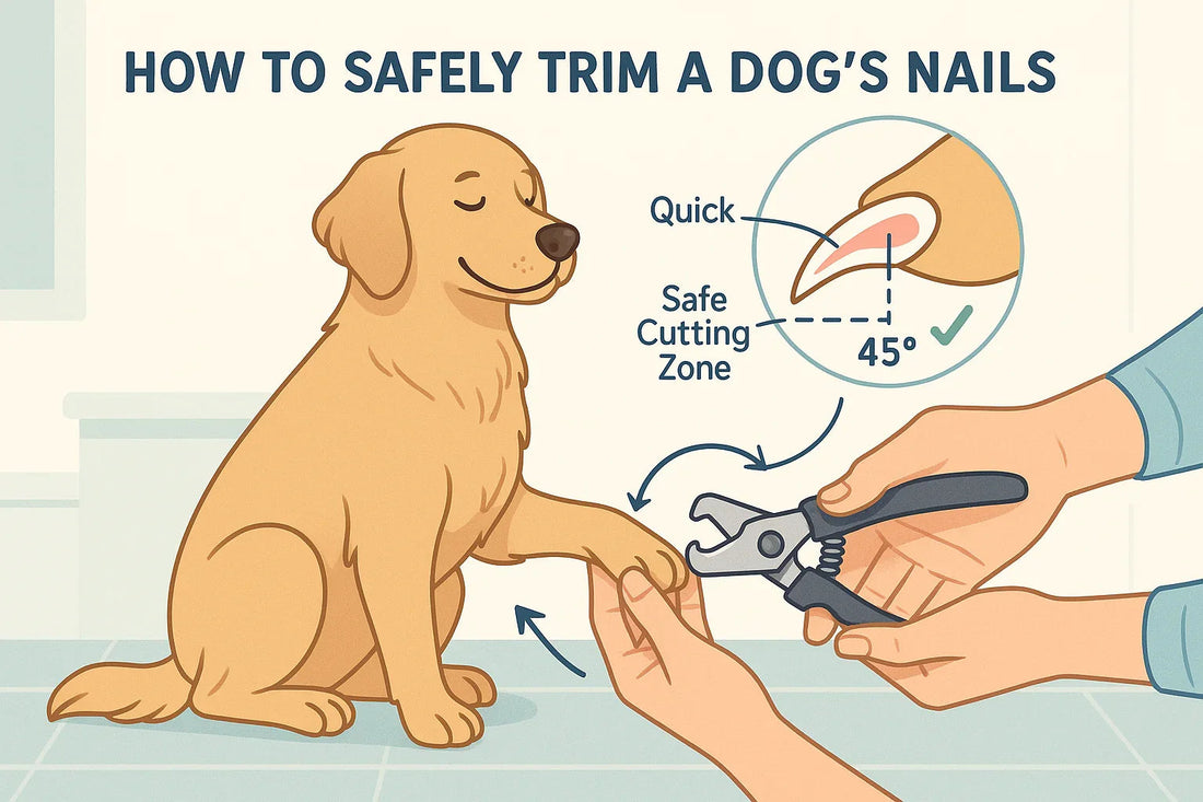 Illustration showing how to safely trim a dog's nails with clippers at a 45-degree angle, highlighting the quick and safe cutting zone