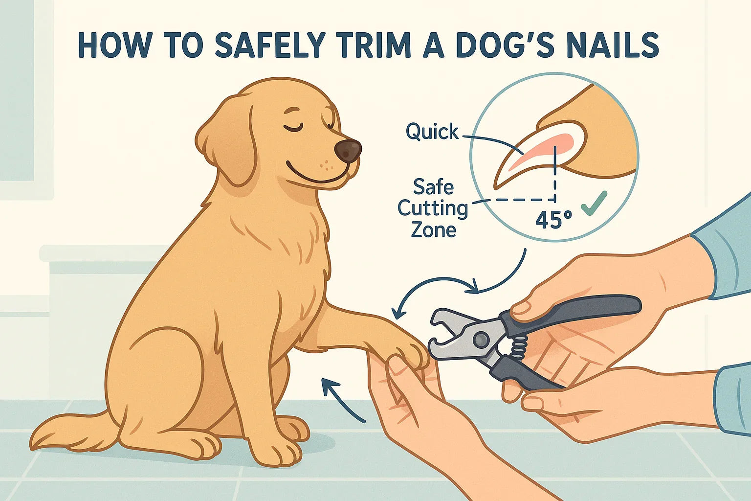 Illustration showing how to safely trim a dog's nails with clippers at a 45-degree angle, highlighting the quick and safe cutting zone