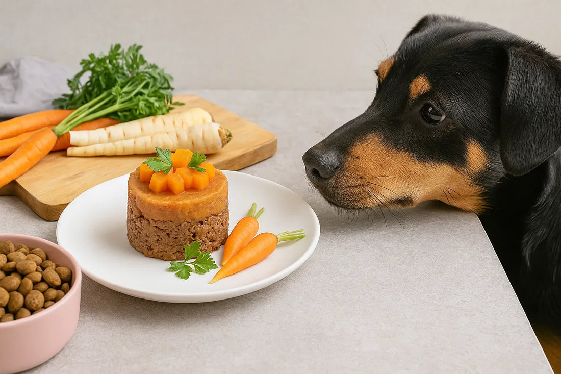 Dog looking at gourmet dog food meal with carrots and parsley on a plate, healthy ingredients in background