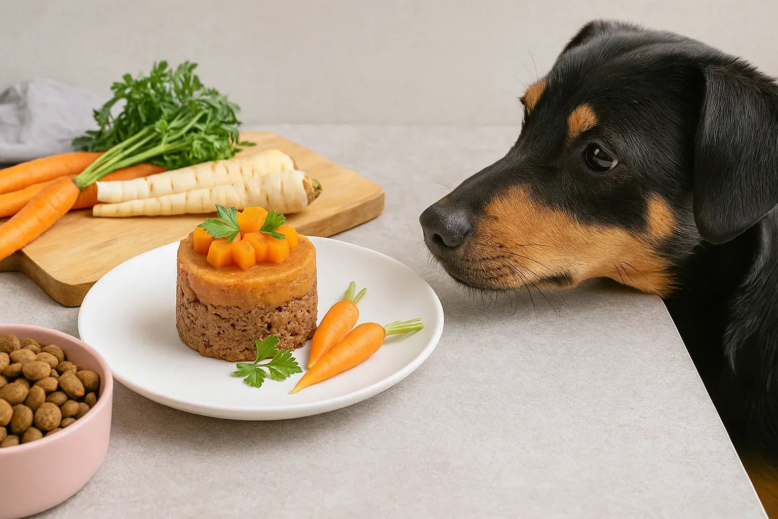 Dog looking at gourmet dog food meal with carrots and parsley on a plate, healthy ingredients in background