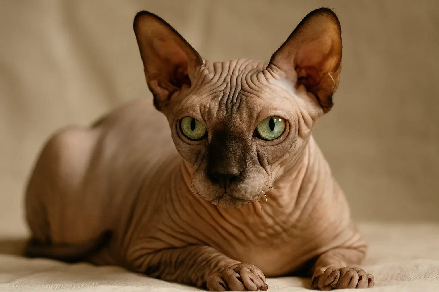 Sphynx cat with wrinkled skin and green eyes lying on a beige fabric background