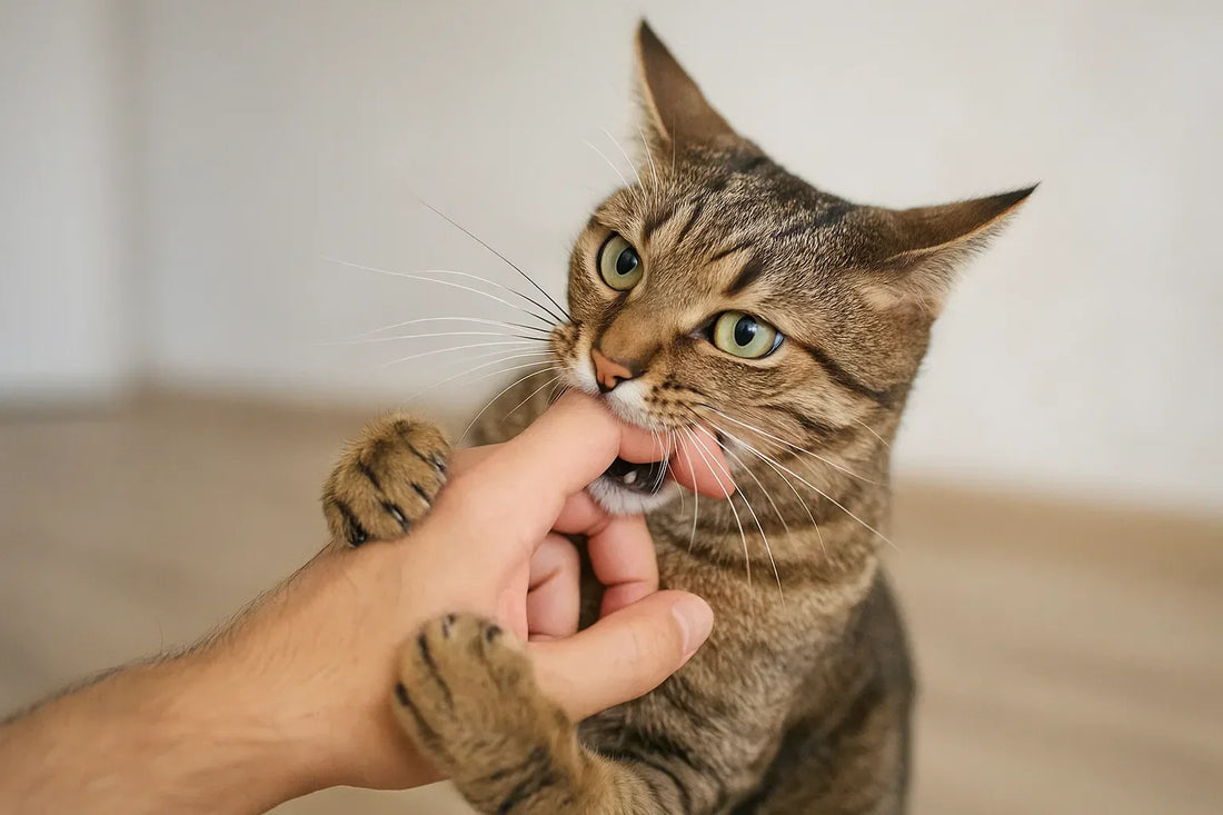 Tabby cat playfully biting human finger indoors, close-up of cat's face and paws