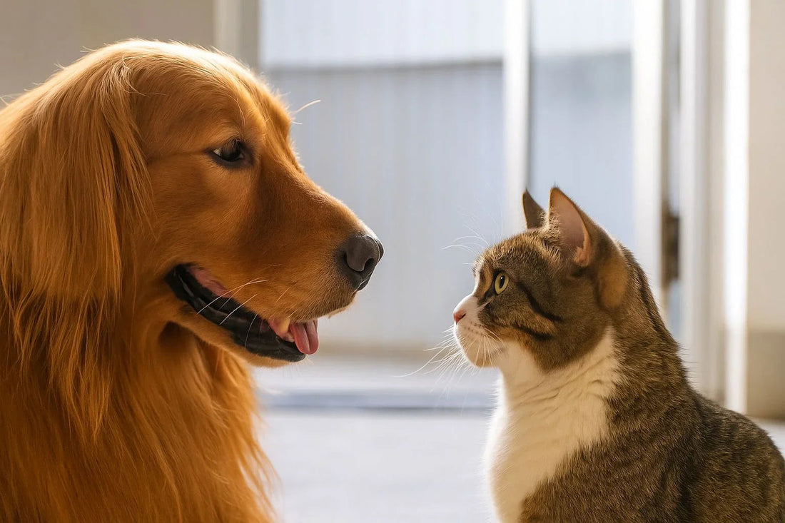 Golden retriever dog and tabby cat facing each other indoors near a door
