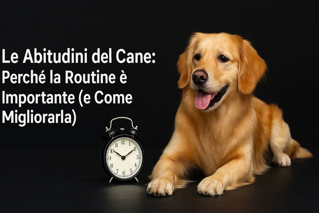 Golden retriever dog lying beside a black alarm clock on a black background with Italian text about dog habits and routine