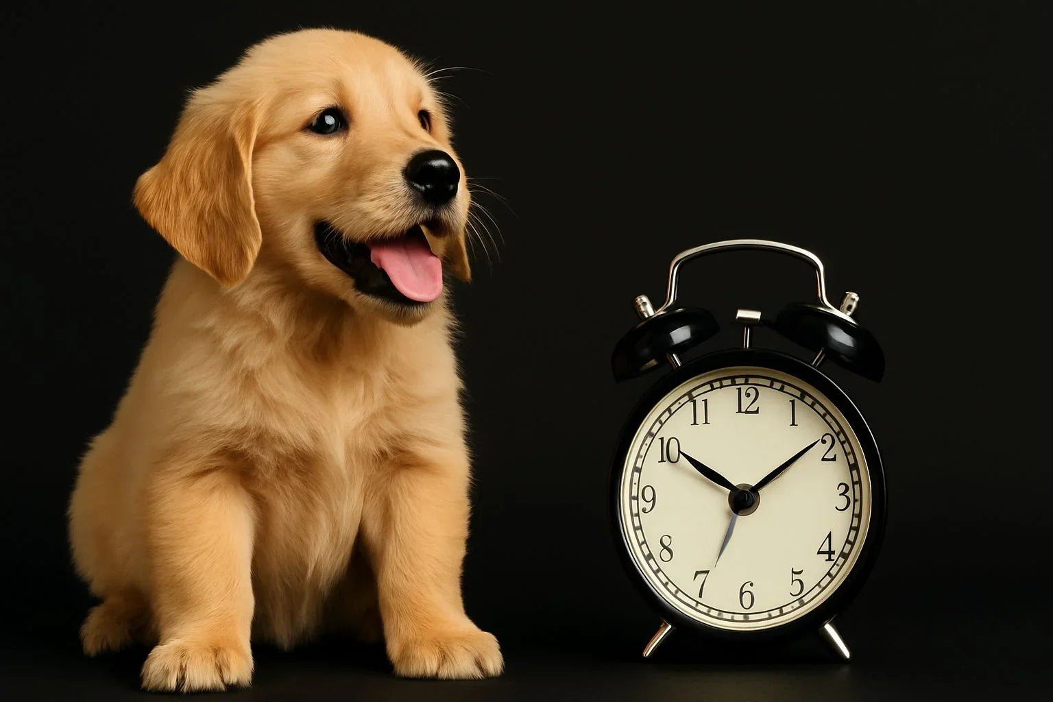 Golden retriever puppy sitting beside a black vintage alarm clock on a black background