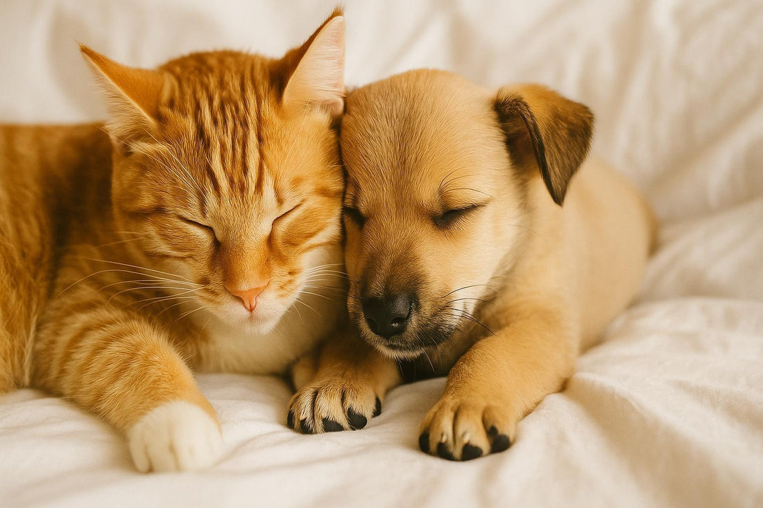 Orange tabby cat and brown puppy sleeping together on a white bed