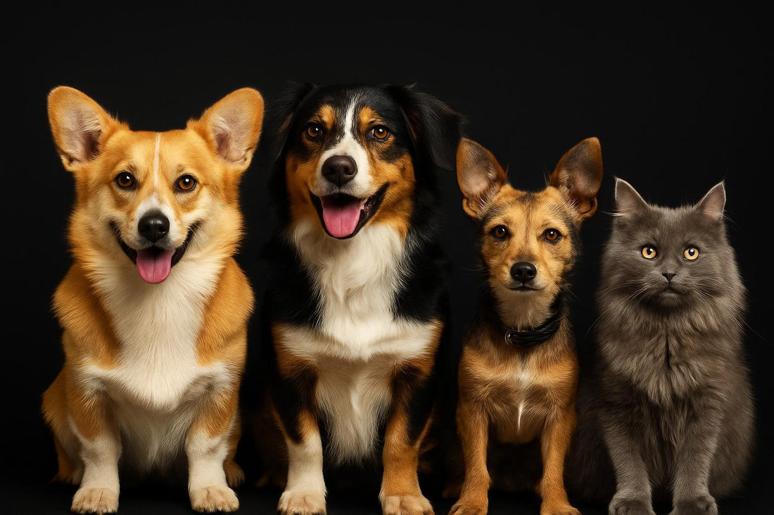 Three dogs and a gray cat sitting together on a black background, pet photography