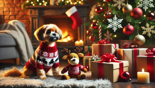 Small dog in Christmas sweater sitting by decorated tree with gifts and reindeer plush toy near fireplace