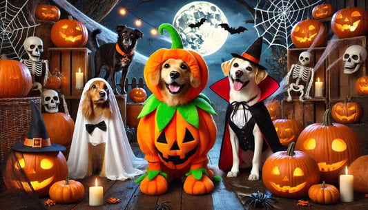 Three dogs in Halloween costumes surrounded by lit jack-o'-lanterns, candles, skeletons, and spider webs under a full moon