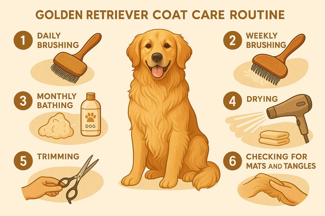 Golden Retriever coat care routine infographic with grooming steps and illustrated dog