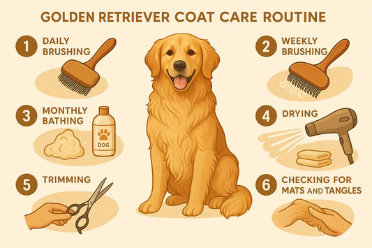 Golden Retriever coat care routine with daily and weekly brushing, monthly bathing, drying, trimming, and checking for mats
