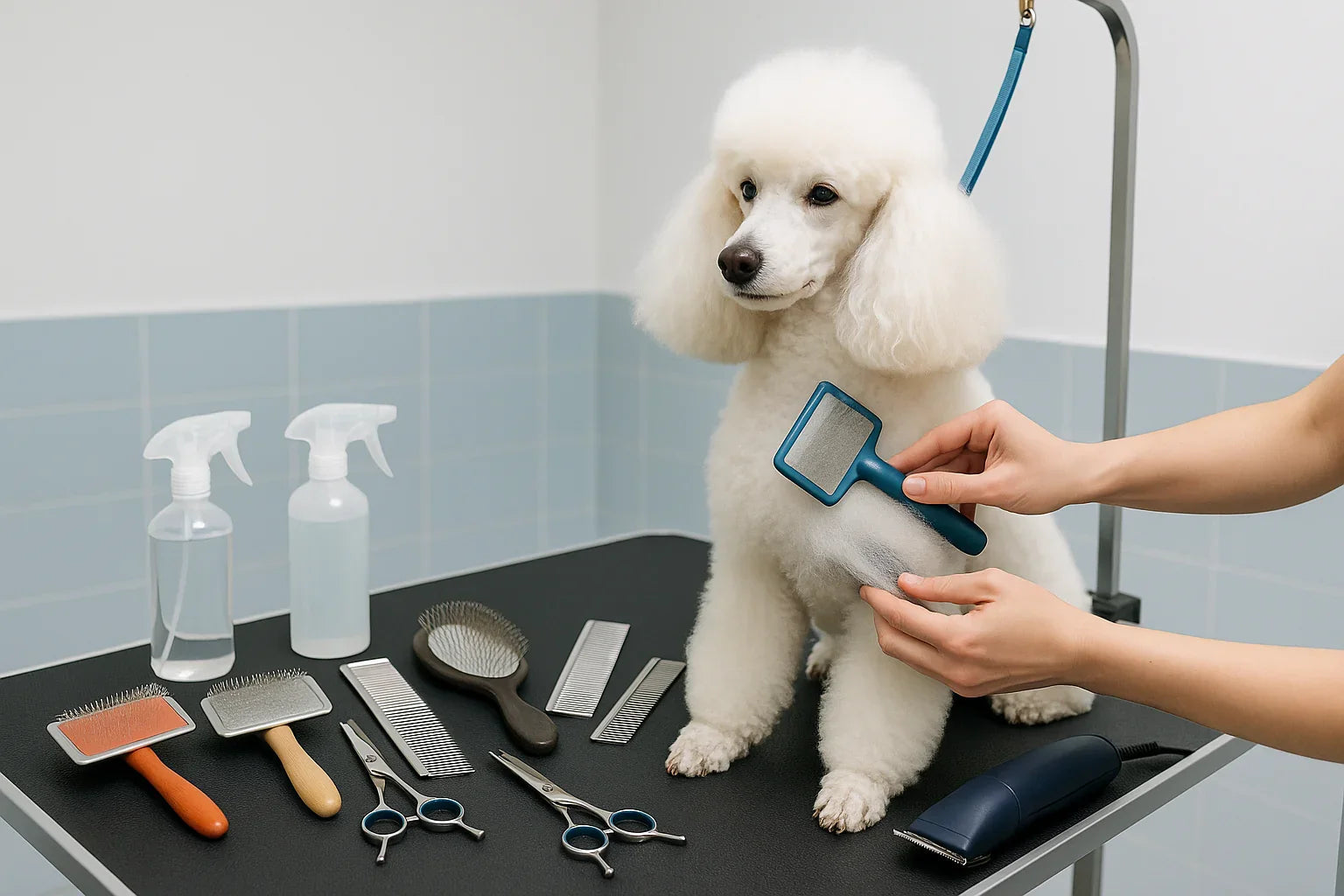 White poodle dog being groomed on a grooming table with brushes, scissors, spray bottles, and clippers