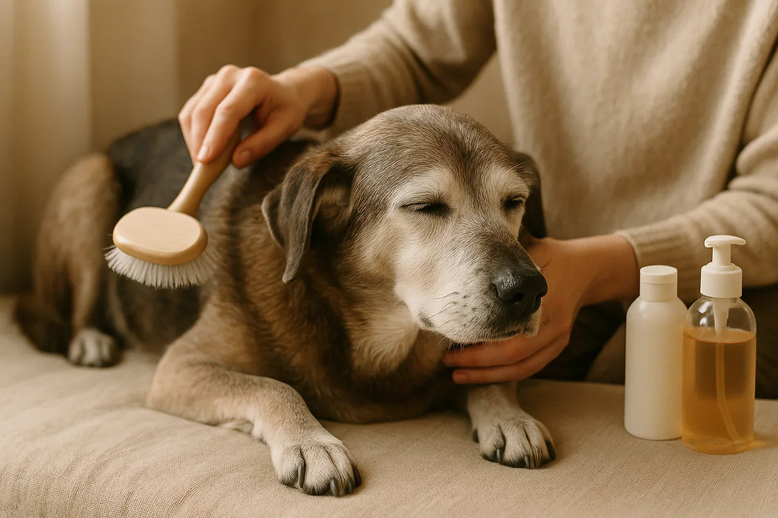 Person grooming senior dog with brush on beige couch next to shampoo and soap bottles
