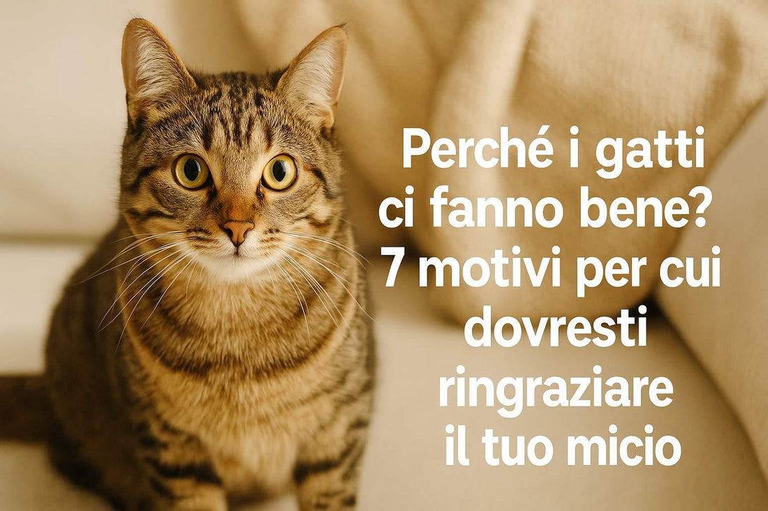 Close-up of a tabby cat sitting on a beige couch next to Italian text about benefits of cats