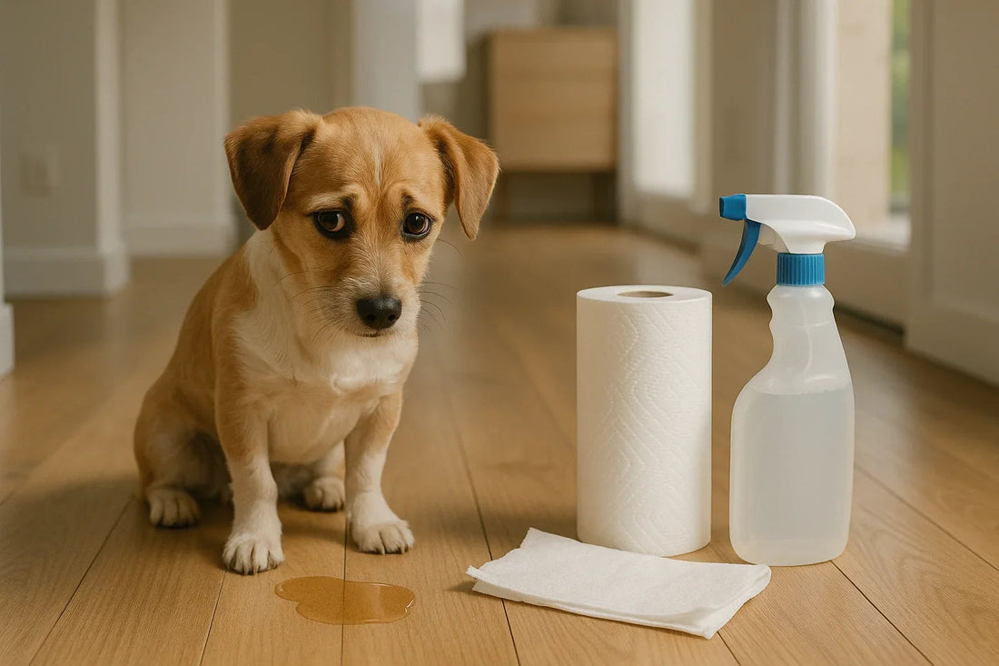 Sad small brown dog sitting on wooden floor next to pee stain, paper towel roll and spray bottle