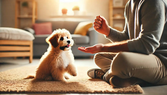 Man training a fluffy Maltipoo puppy sitting on a rug in a cozy, sunlit living room