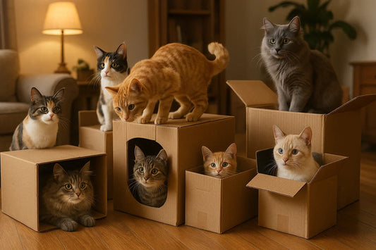 Seven cats of various colors sitting and playing in cardboard boxes in a cozy living room