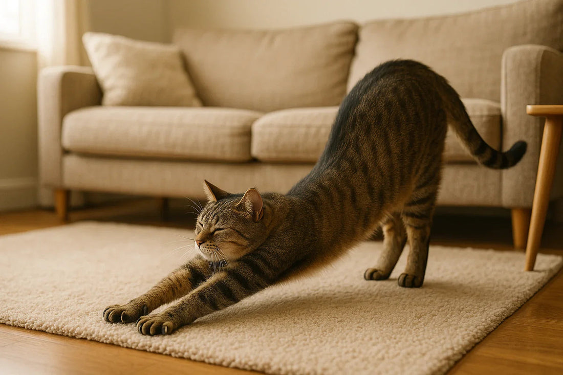 Tabby cat stretching on beige rug in cozy living room with sofa