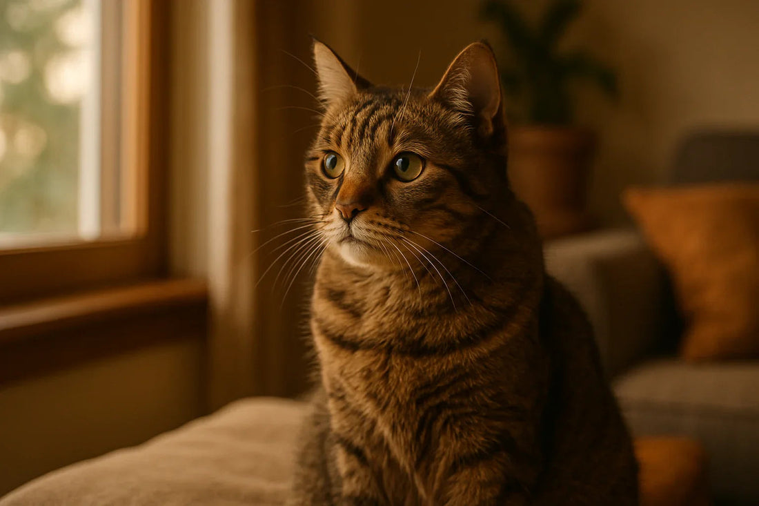 Tabby cat sitting on beige couch looking out window in cozy living room with soft natural light