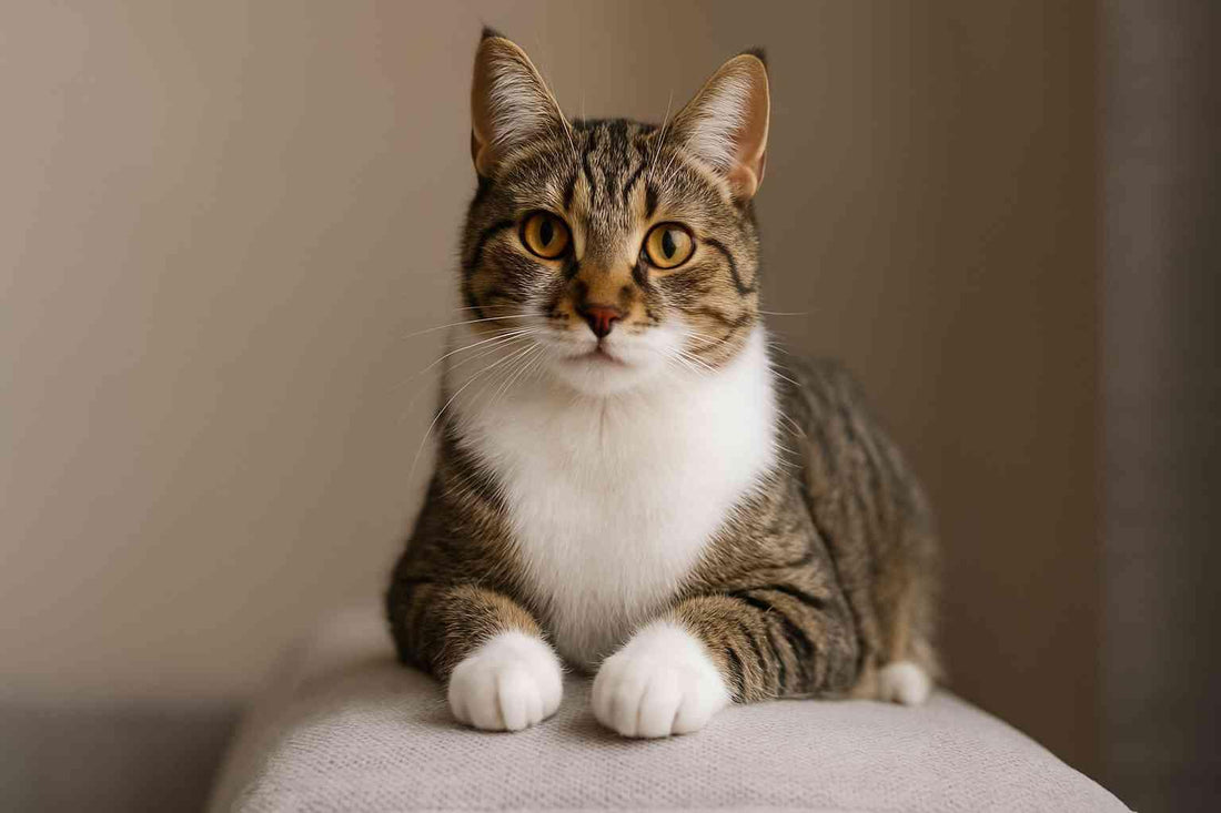 European shorthair tabby cat with white chest and paws lying on a beige fabric surface