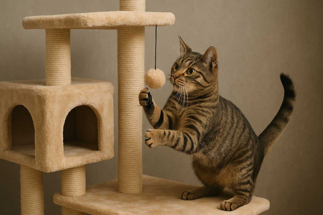 Gatto tigrato marrone gioca con una pallina appesa su un grande tiragraffi beige a più livelli, in un ambiente interno neutro