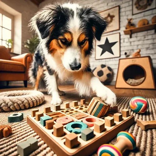 Australian Shepherd dog playing with wooden puzzle toy in cozy living room with pet accessories
