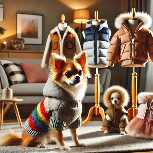 Small dog in rainbow-striped sweater with hood surrounded by winter dog clothes in cozy living room