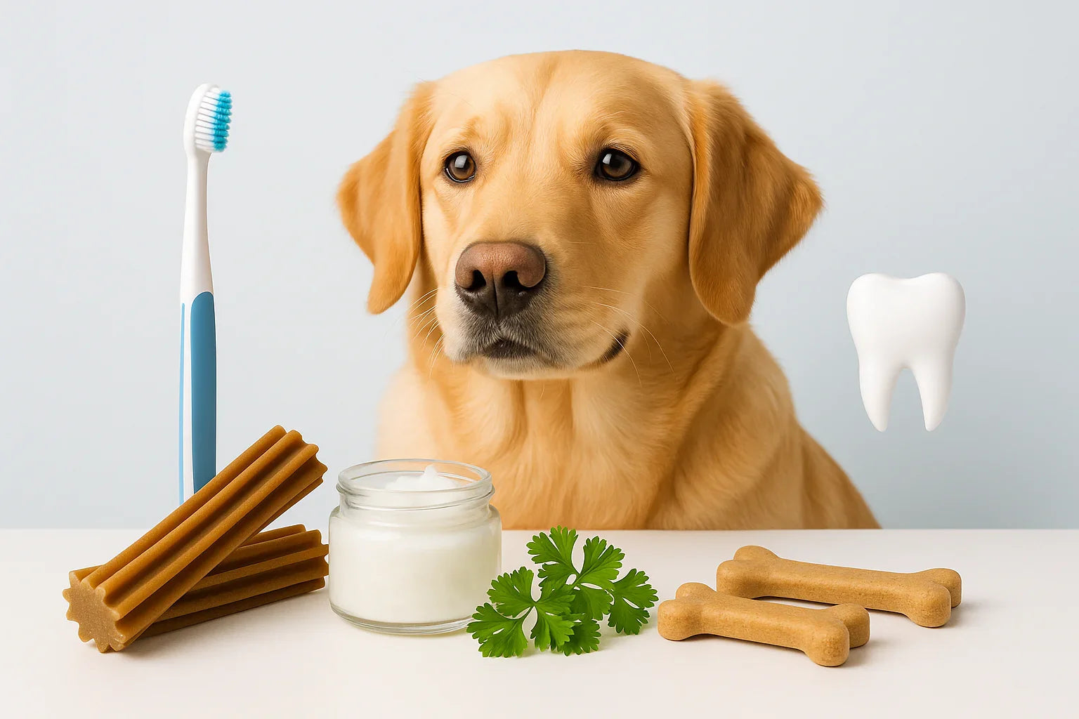 Golden retriever with dog toothbrush, dental chews, parsley, jar, and tooth model for dental hygiene
