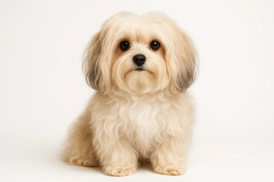 Fluffy cream-colored Bolonka Zwetna dog with dark eyes sitting against white background