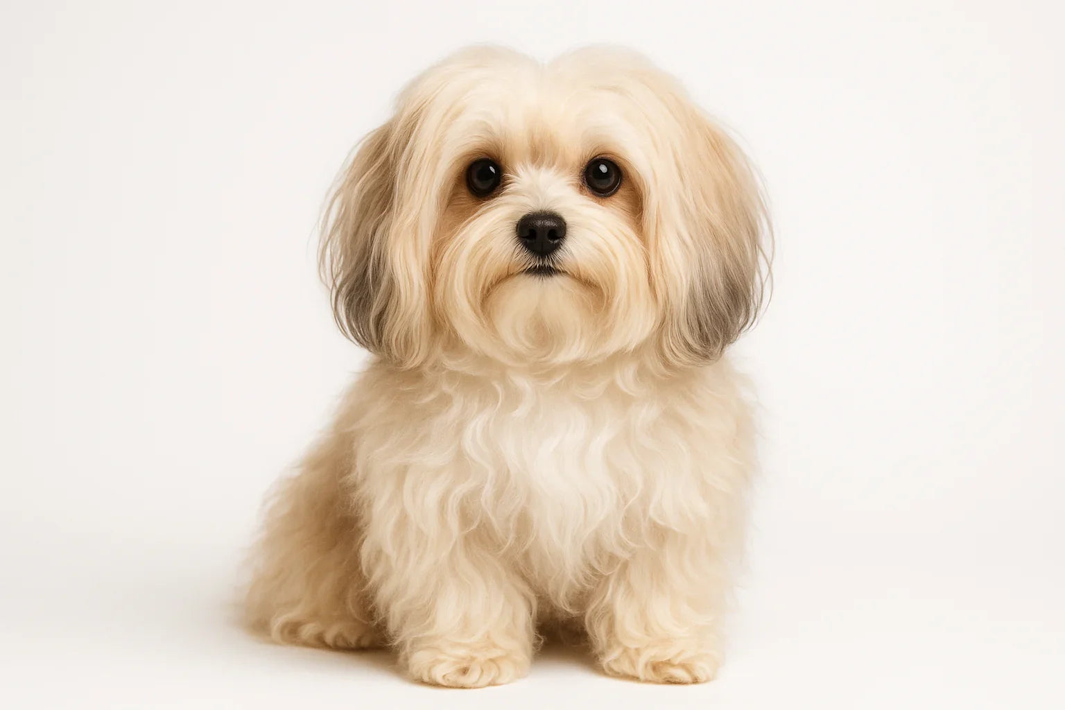 Fluffy cream-colored Bolonka Zwetna dog with dark eyes sitting against white background