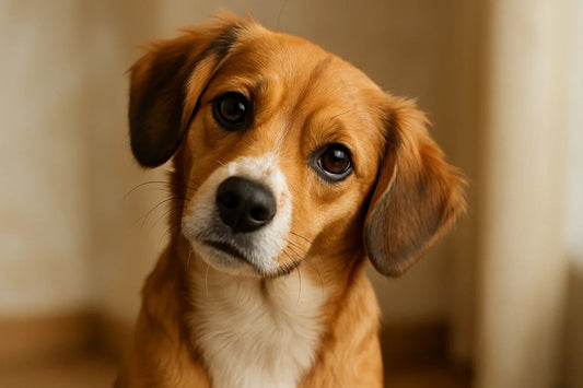 Close-up of a brown and white dog with head tilted, indoors with soft lighting
