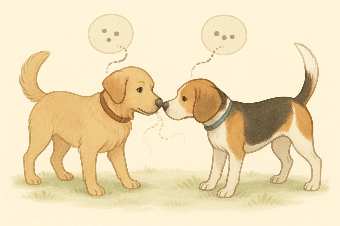 Illustration of two dogs sniffing noses on grass, communicating with cartoon speech bubbles.