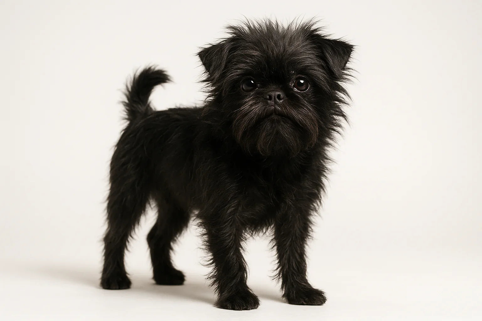 Small black Brussels Griffon dog with shaggy fur standing on white background