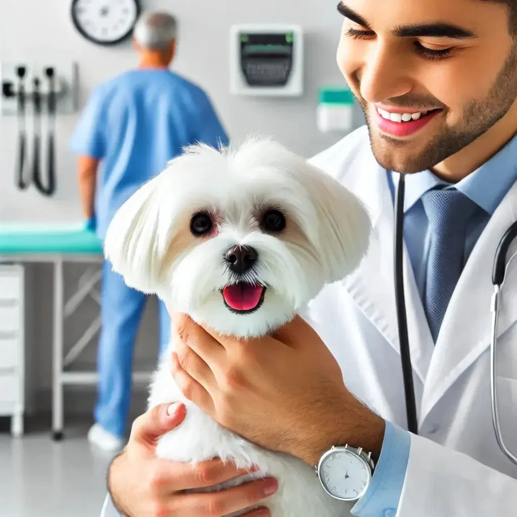 Smiling veterinarian holding happy white dog in modern veterinary clinic