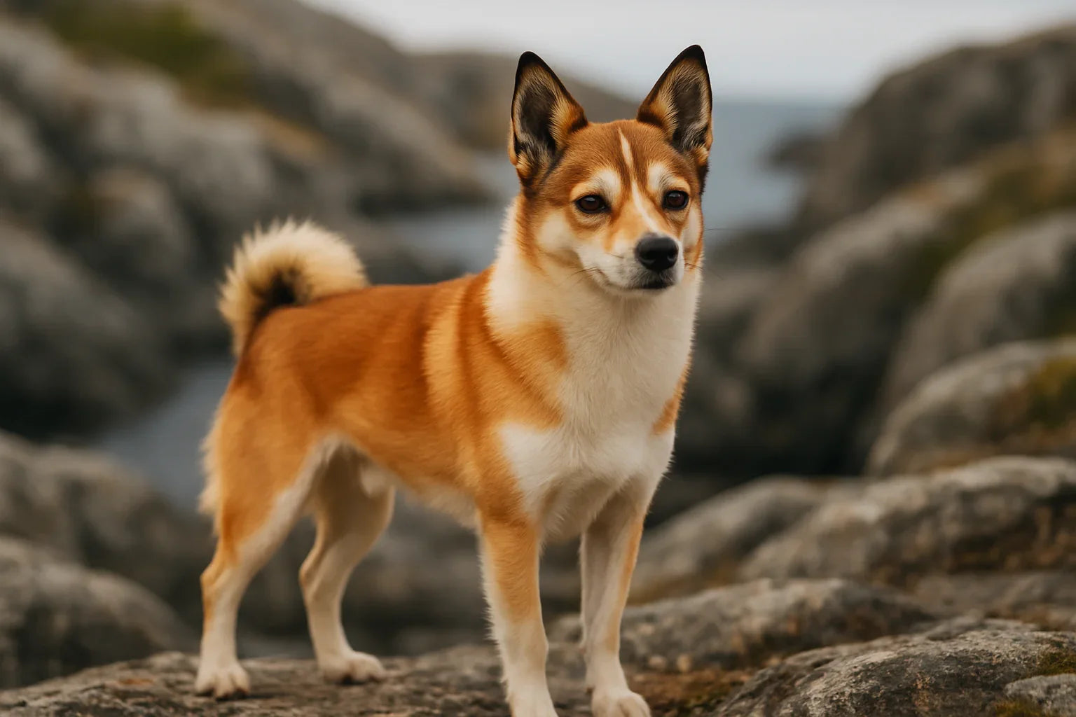 Norwegian Lundehund with orange and white fur standing on rocky terrain near water