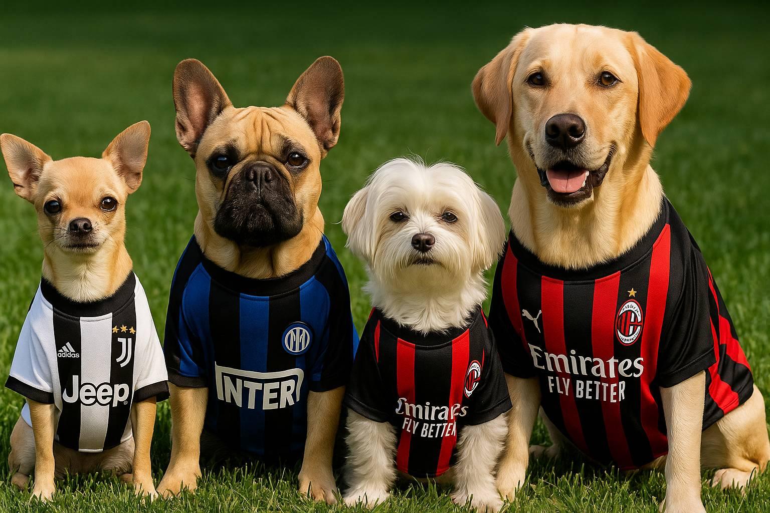 Four dogs wearing Juventus, Inter Milan, and AC Milan soccer jerseys sitting on grass