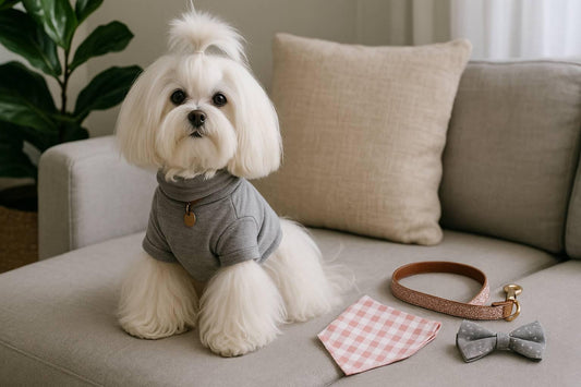 White Maltese dog wearing grey sweater sitting on beige sofa with pet collar, bandana, and bow tie