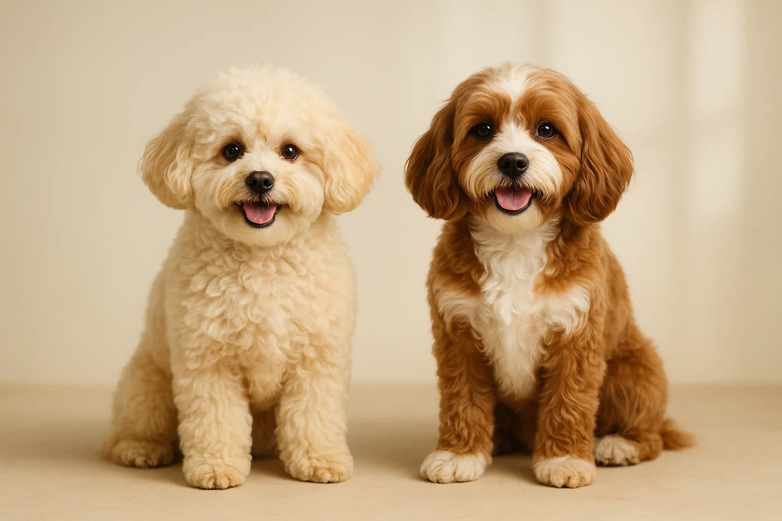 Two smiling small fluffy dogs, cream-colored Maltipoo and brown-white Cavapoo, sitting on beige background