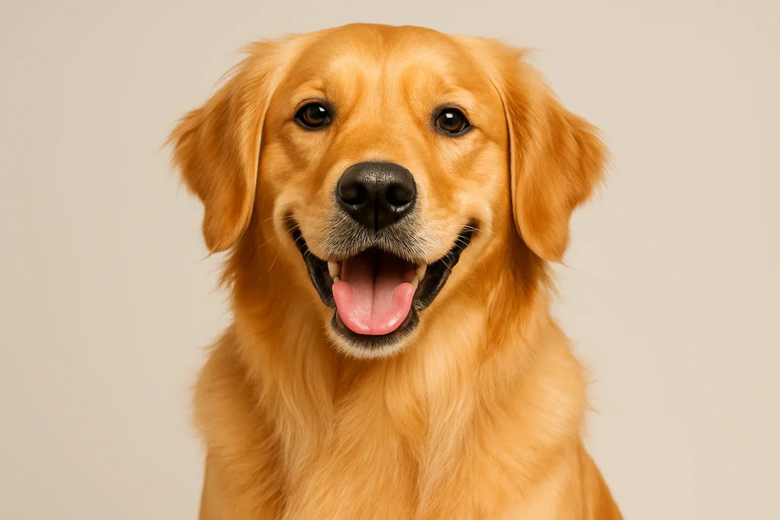 Healthy golden retriever with wet nose, smiling, close-up, beige background