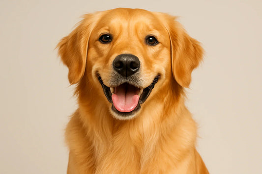 Happy golden retriever dog with open mouth and visible tongue on beige background