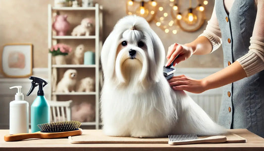 Maltese dog being groomed on table with brushes and grooming spray in cozy home setting
