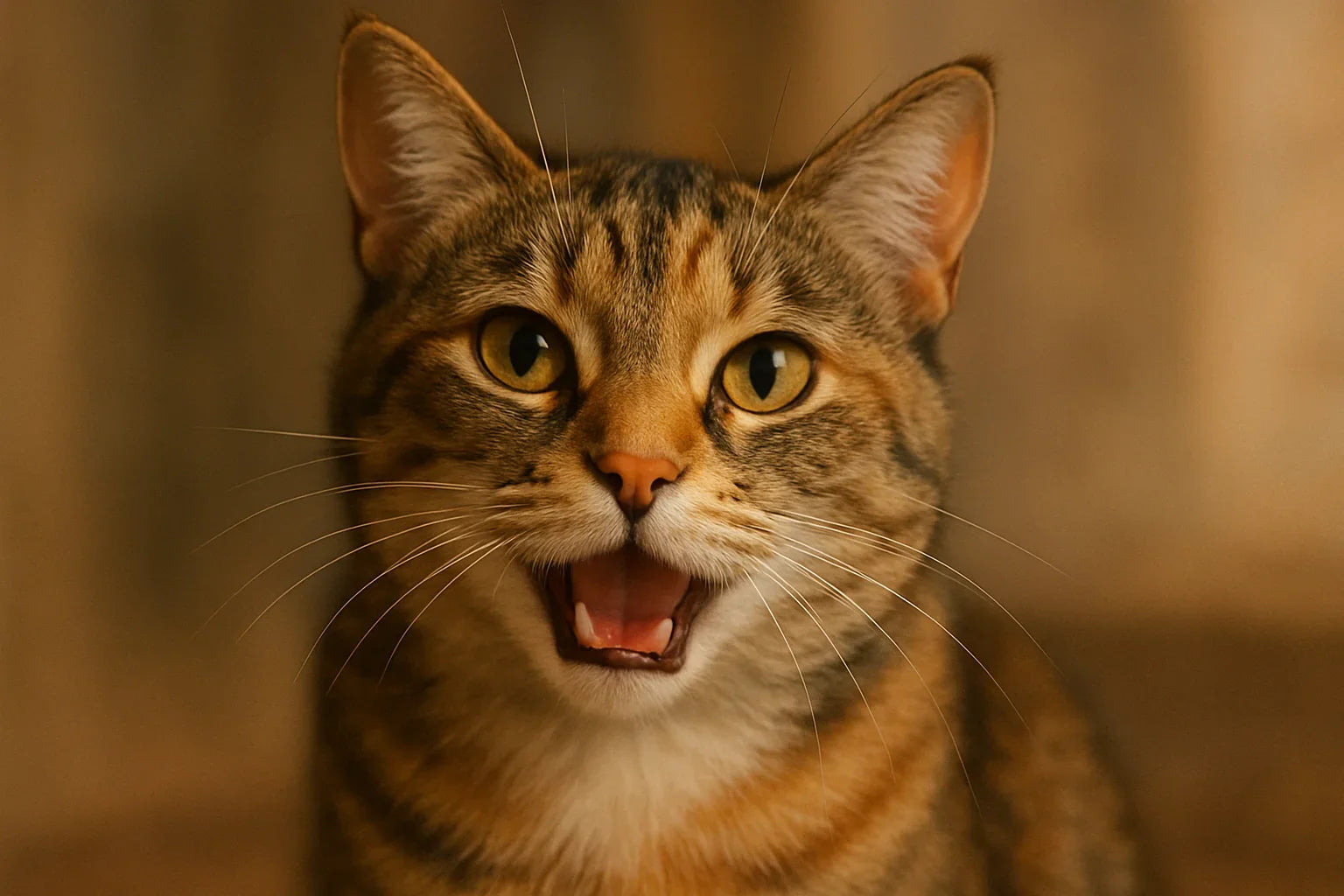 Close-up of a tabby cat with mouth open, yellow eyes, and brown blurred background