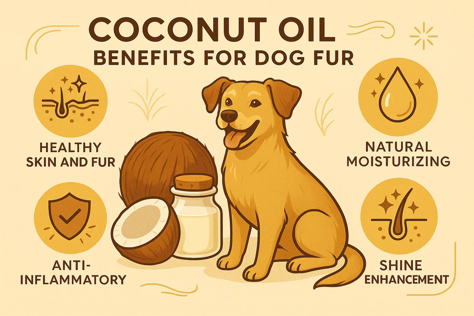 Illustration of a happy dog with coconut and jar, highlighting coconut oil benefits for dog fur