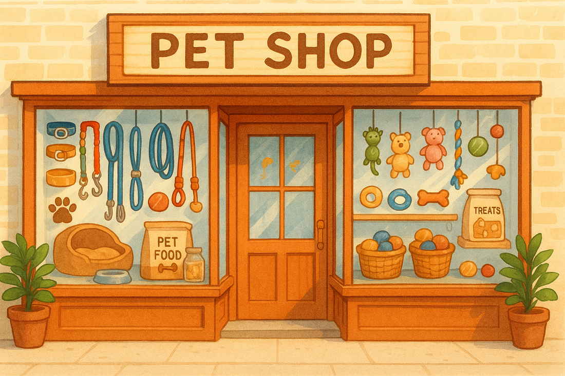 Illustrazione cartoon di un pet shop con scaffali pieni di accessori per cani e gatti, giochi, cucce e prodotti per toelettatura – ideale per articolo checklist forniture pet shop.