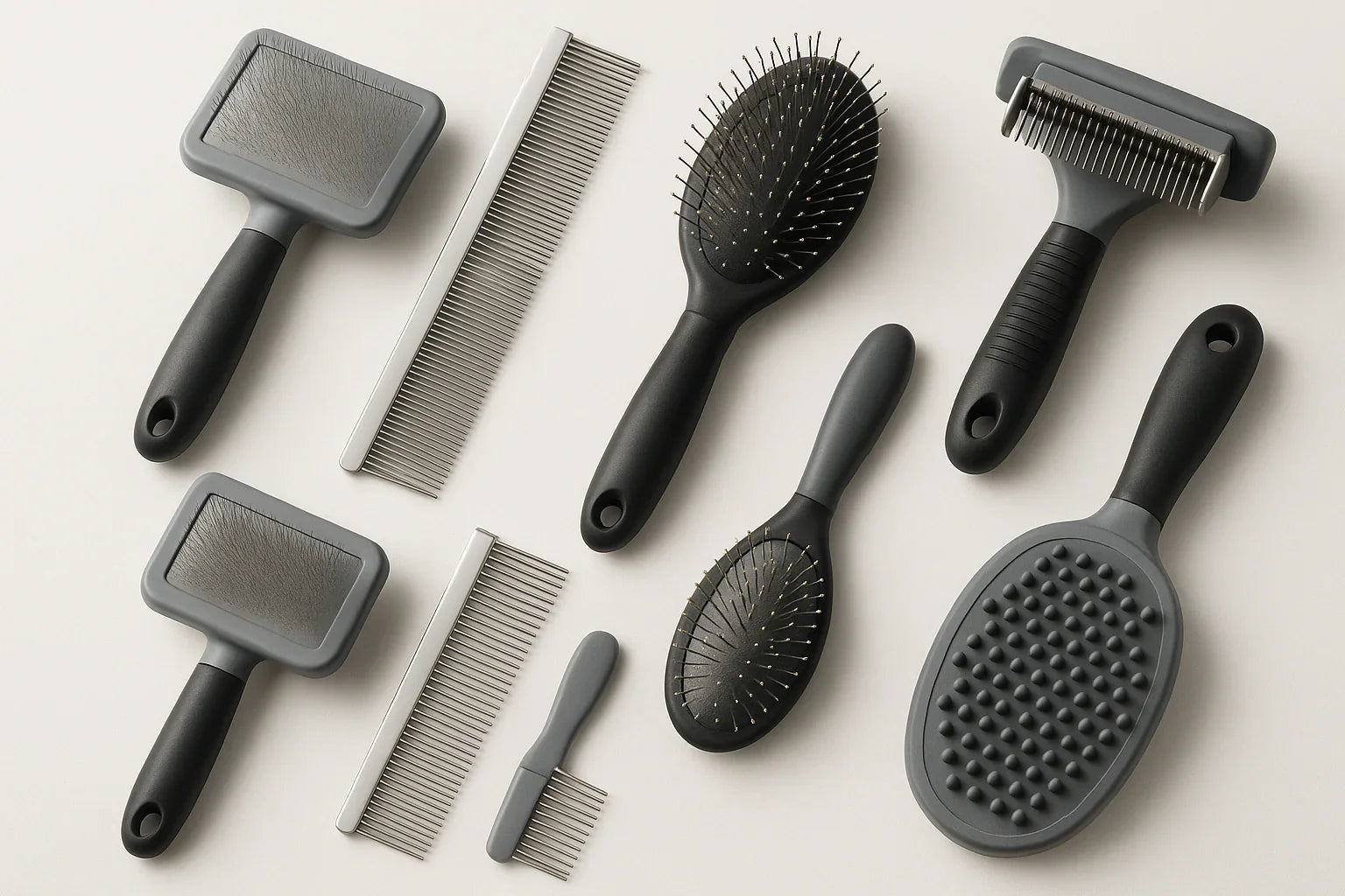 Various dog grooming brushes and combs with black handles on a light background