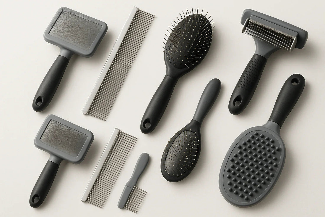 Black and gray pet grooming tools including slicker brushes, combs, and dematting rake on beige background