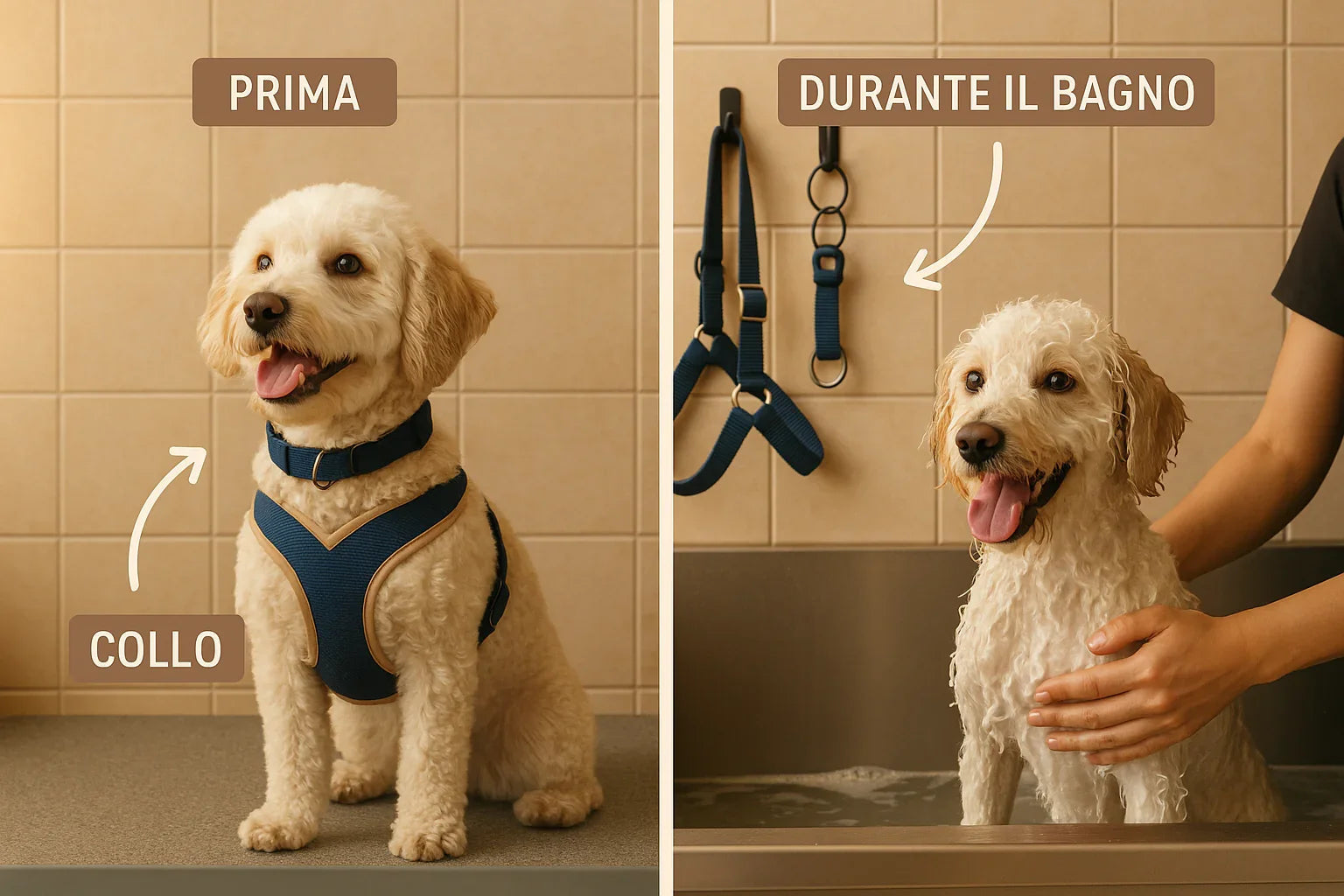 Dog wearing collar and harness before bath, wet and being washed during grooming